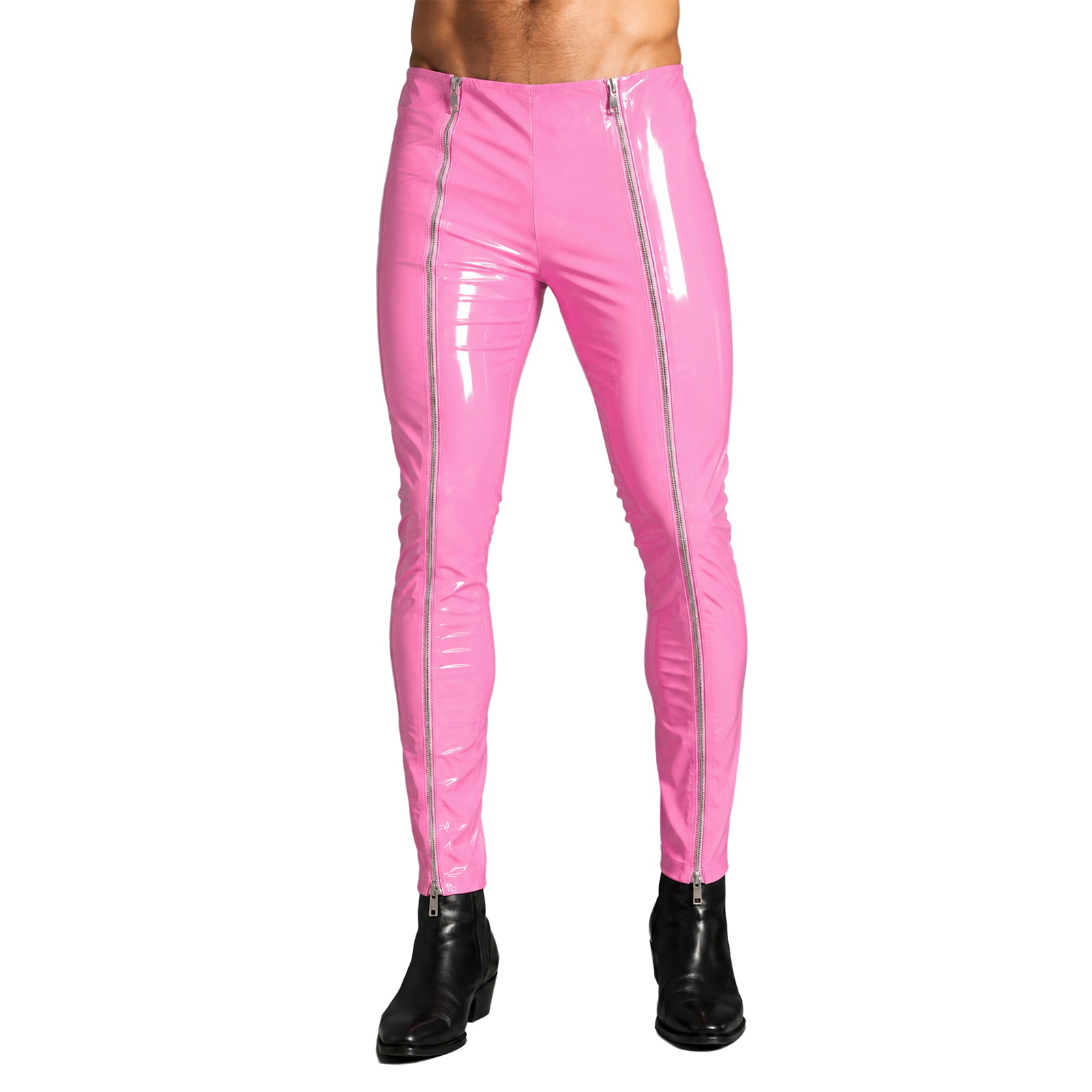 High Waist Leggings - Mens Wet Look Leather Front Zippers